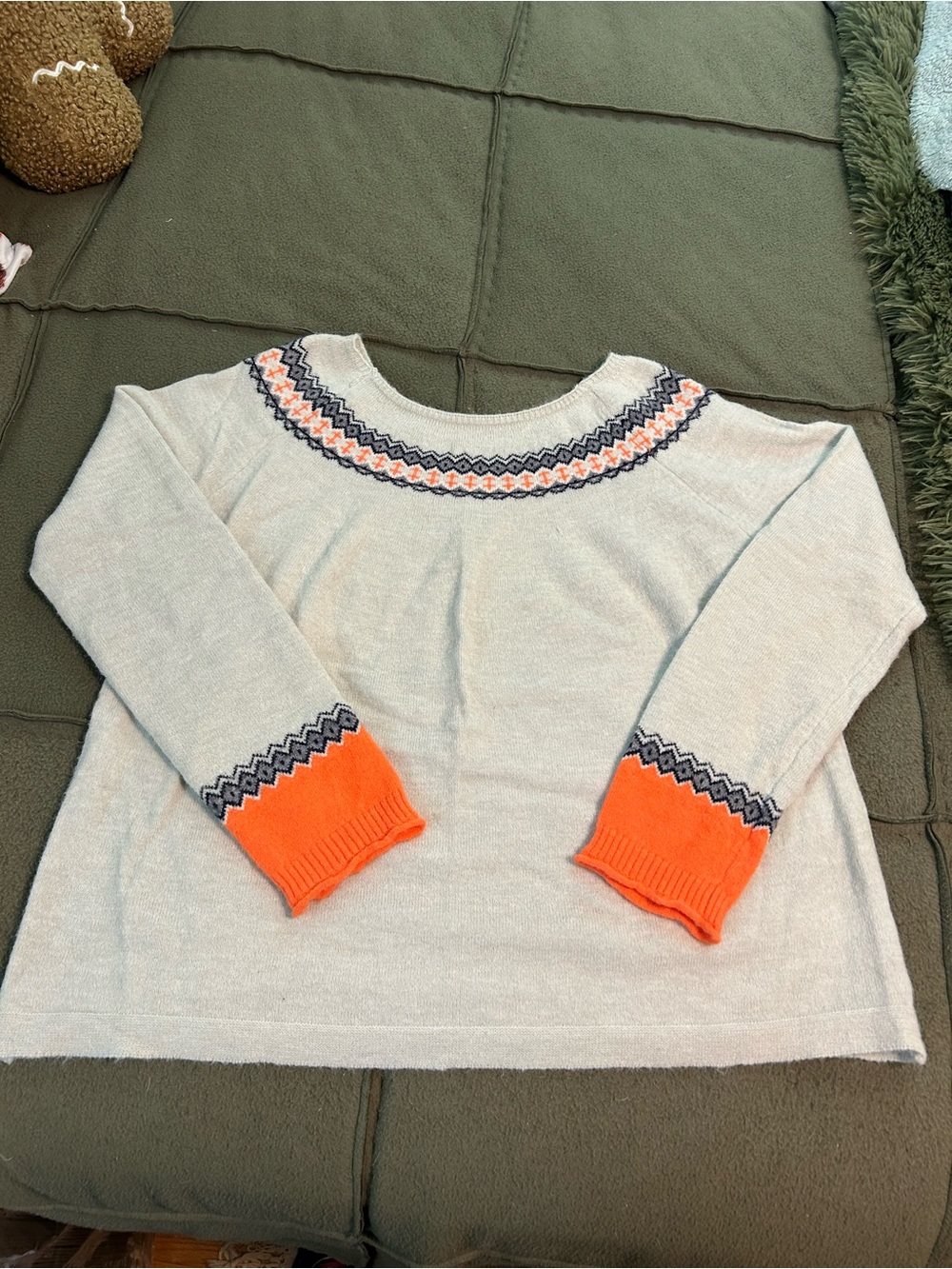 Women's Cream Sweater with Orange Accent and Geometric Yoke